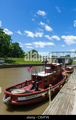 Boat moored at the start of the Erie Canal in Waterford, near Albany, New York State, USA Stock Photo