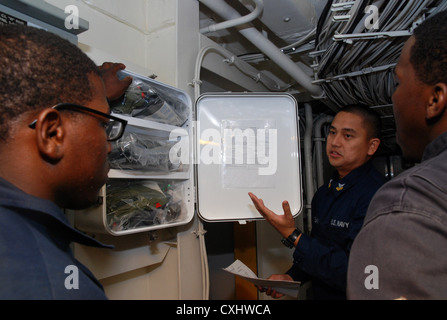 Hospital Corpsman 1st Class Peejay Panganiban instructs stretcher bearers on the contents of a first aid box aboard amphibious transport dock ship USS Green Bay (LPD 20). Green Bay is part of the Peleliu Amphibious Ready Group currently underway on a Western Pacific deployment with amphibious assault ship USS Peleliu (LHA 5) and amphibious dock landing ship USS Rushmore (LSD 47). Stock Photo