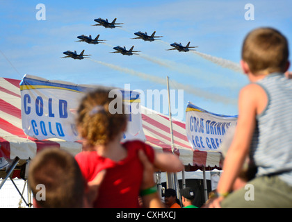 The Navy Blue Angels perform acrobatics during the 2012 Kaneohe Bay Airshow September 30, 2012 in Kaneohe Bay, Hawaii. The show at Marine Corps Base Hawaii celebrated the 100th Anniversary of Marine Corps Aviation. Stock Photo