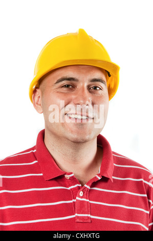 Young construction worker in red shirt wearing yellow hard hat safety equipment isolated on white background Stock Photo