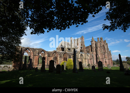 Town of Melrose, Scotland. The south elevation of the picturesque 12th century Melrose Abbey ruins. Stock Photo