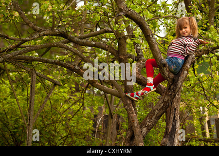 Funny lovely little girl posing sitting on a tree in the garden Stock Photo