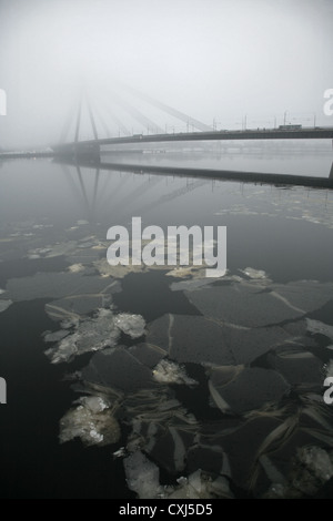 Vansu Tilts or Vansu Bridge over the frozen River Daugava, Riga, Latvia ...