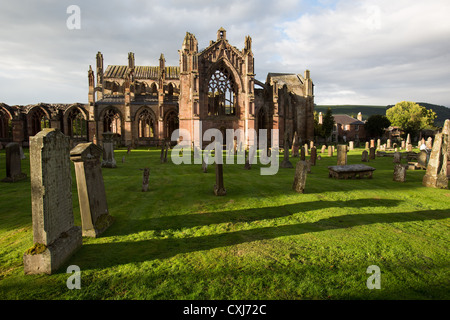 Town of Melrose, Scotland. The south elevation of the picturesque 12th century Melrose Abbey ruins. Stock Photo