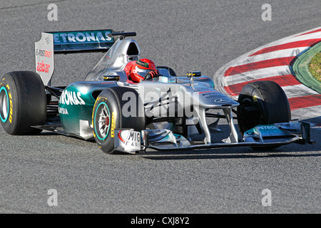 Michael Schumacher driving for Mercedes GP in 2011 at Montmelo racing track in Barcelona, Spain Stock Photo