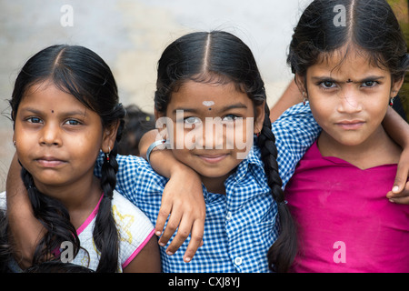 Smiling happy rural Indian village girls. Andhra Pradesh, India Stock Photo