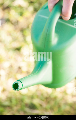 Gardening equipment, green plastic watering can in a garden at summertime Stock Photo