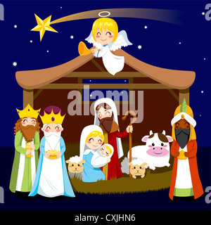 Three wise men bring presents to Jesus in Christmas Nativity Scene Stock Photo