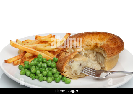 Chicken pie chips and peas on a plate with a fork Stock Photo