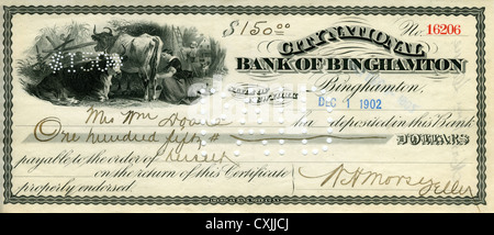 Cheque from City National Bank of Binghampton, NY, USA. $150, 1902 Stock Photo