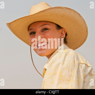 Happy cowgirl participant enjoying the Rodeo, Bruneau, Idaho, USA Stock Photo