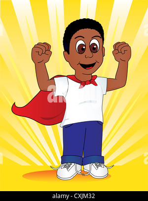 A Boy Dressed up as a Super Hero on a Yellow Sun Burst Background Stock Photo