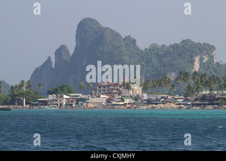 Phi Phi Don village as seen from Ton Sai Bay. Stock Photo