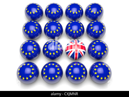15 balls with the Flag of Europe and 1 ball with the British Union Flag - Concept image Stock Photo