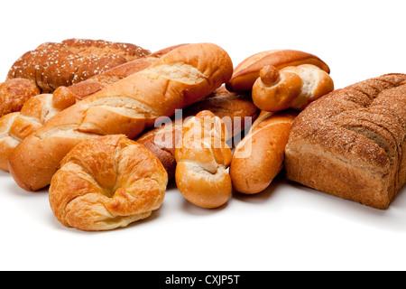 Stack of various multi-grain breads on a white background Stock Photo