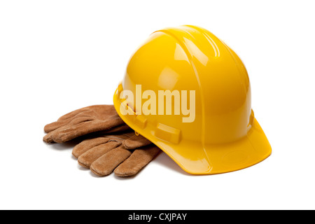 Construction Hard hat and leather work gloves on a white background Stock Photo
