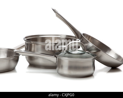 Stainless steel pans on a white background Stock Photo