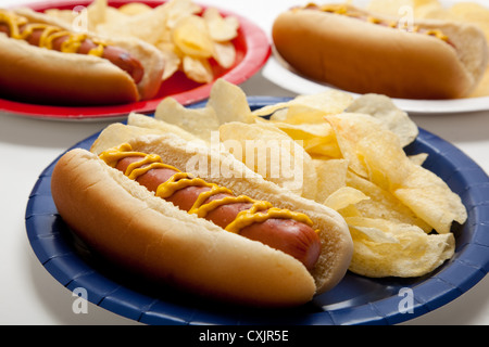 Red, white and blue plates with hot dogs and mustard and potato chips Stock Photo