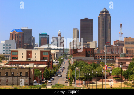 Skyline of downtown Des Moines, Iowa from steps of state capitol building Stock Photo