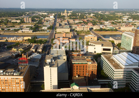Aerial view of downtown Des Moines with Des Moines River and Iowa state capitol building in distance Stock Photo