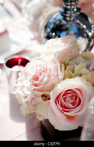 Flower Arrangement on Table at Wedding Stock Photo