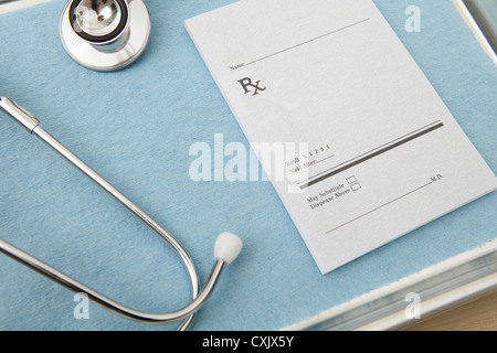 Stethoscope and Prescription Pad on Medical Tray, Birmingham, Alabama, USA Stock Photo