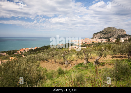 View of city and coast, Cefalu, Palermo Province, Sicily, Italy Stock Photo