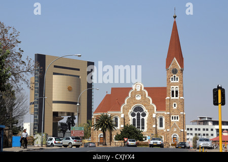 Christ Church (or Christuskirche) and the newly north korean build Independence Museum in Windhoek, Namibia Stock Photo