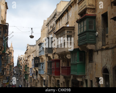 Lots of interesting balconies in Valletta Stock Photo