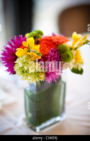 Flower Arrangement on Table at Wedding Stock Photo