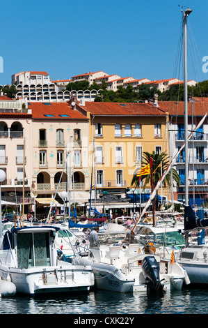 The harbour front in the small French town of Port Vendres close to the border with Spain. Stock Photo