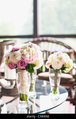 Bouquets of Flowers on Tables at Wedding, Toronto, Ontario, Canada Stock Photo