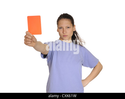 young woman shows red card Stock Photo