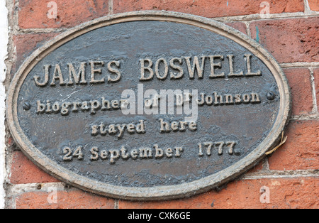 Commemorative plaque for James Boswell, Church Street, Ashbourne, Derbyshire, England, UK. Stock Photo