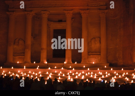 candlelight view of the magnificent Treasury in Petra, the UNESCO World Heritage Site in Jordan Stock Photo