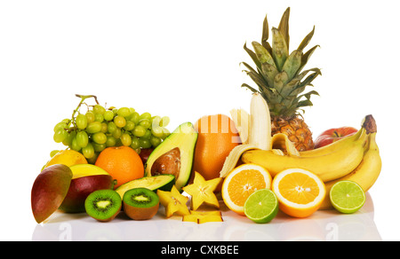 Assortment of exotic fruits on white background Stock Photo