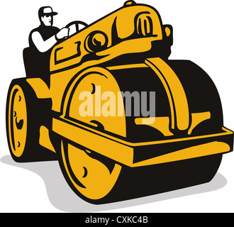 Illustration of vintage road roller viewed from the front on low angle done in retro style. Stock Photo