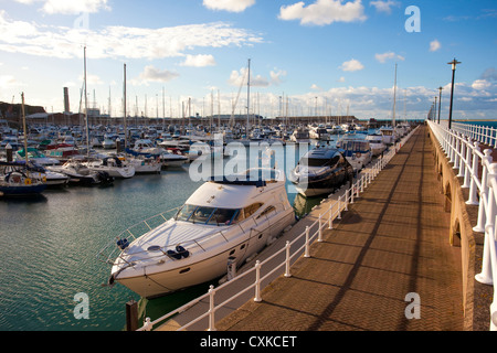 Elizabeth Marina looking out towards Elizabeth Castle, St Helier, Jersey, Channel Islands, United Kingdom Stock Photo