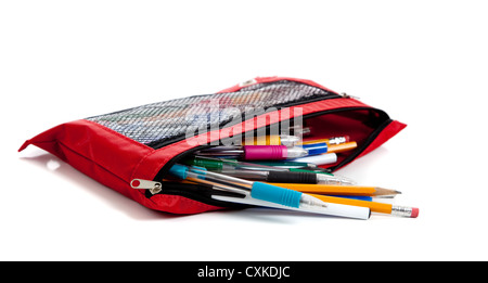 Red pencil bag full of school supplies Stock Photo