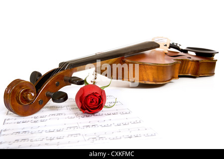 A violin a rose and sheet music on a white background, focus is on the peg head of the violin and the rose Stock Photo