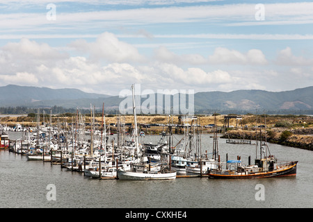 Port of Ilwaco harbor harbour with fishing boats moored at floating piers, south end of Long Beach Peninsula Washington State Stock Photo