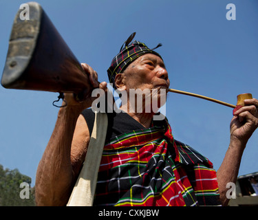 Mizoram, a state in Northeast India, is home to several tribes. This portrait showcases traditional tribal costumes. Stock Photo