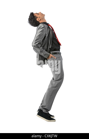 Indian Business man leaning backwards. Isolated on white background Stock Photo