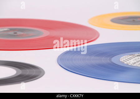 Multi colored vinyl records. Stock Photo