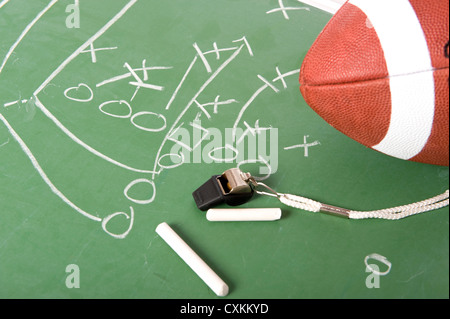 A diagram of a football play on a chalkboard with a football, chalk, eraser ane a whistle