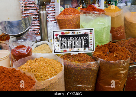 A range of spices on display in the central Durban market Stock Photo