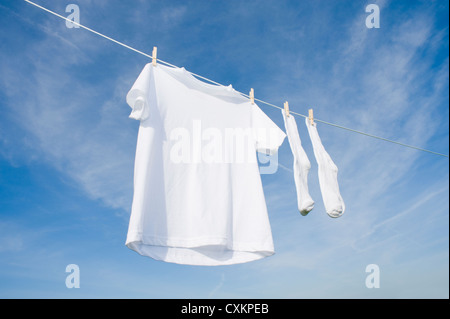 Blank white t-shirt hanging on clothesline Stock Photo: 71658151 - Alamy