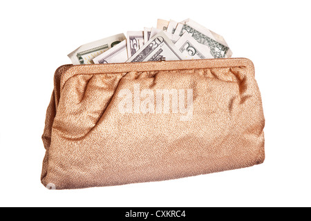 An evening bag full of small denomination bills. Stock Photo