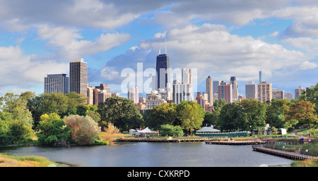 Chicago skyline with skyscrapers viewed from Lincoln Park over lake. Stock Photo