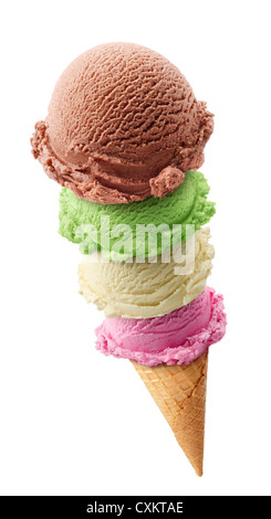 four flavors of ice cream scoops stack on a cone Stock Photo